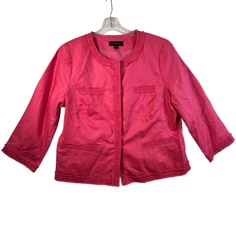 Talbots Pink Linen Blend Open Front Blazer Fringe Trim Size 16 Business Casual